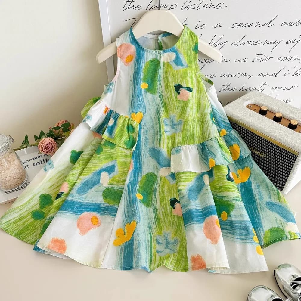 Girls Floral Ruffle Sleeveless Dress