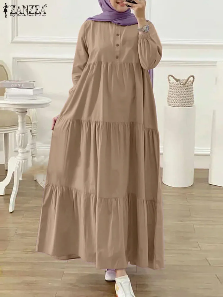 عباءة فستان سادة بكشكش وأكمام طويلة