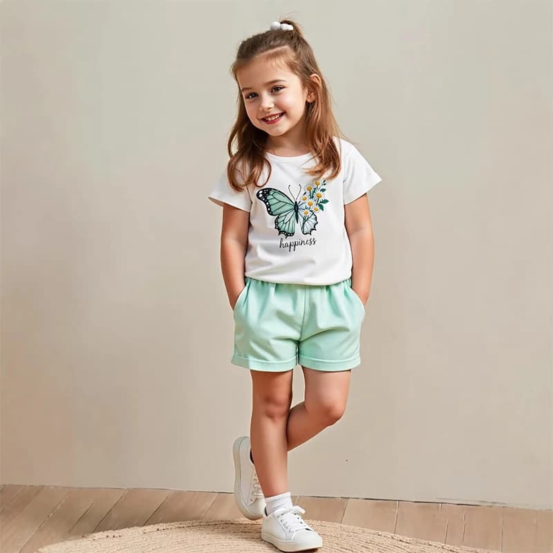 Girls' Two-Piece Set: Butterfly-Print Tee & Shorts
