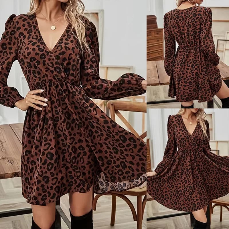 Leopard Print Mini Dress with Puff Sleeves and Lace-Up Front