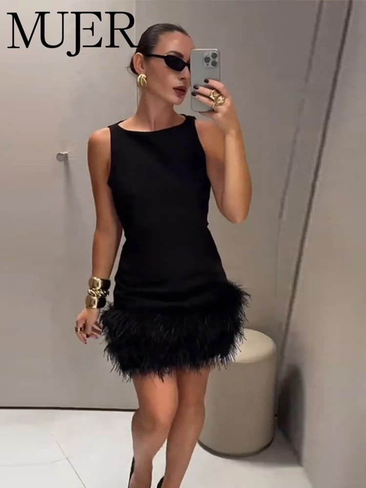 Feather Off-Shoulder Sleeveless Mini Party Dress